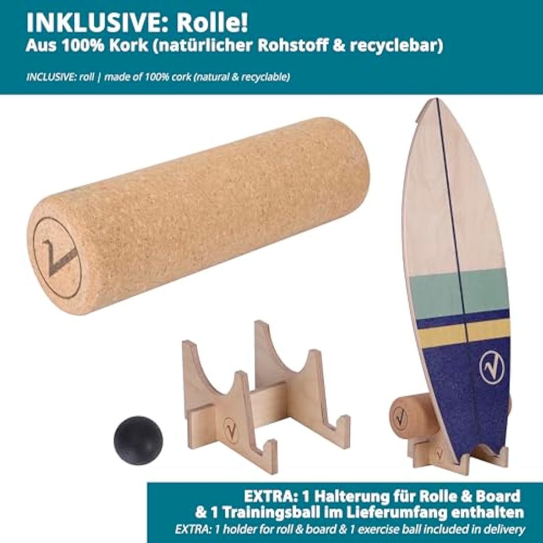 Valuents Wooden Surfboard Balance Board with Cork Roller and Stand