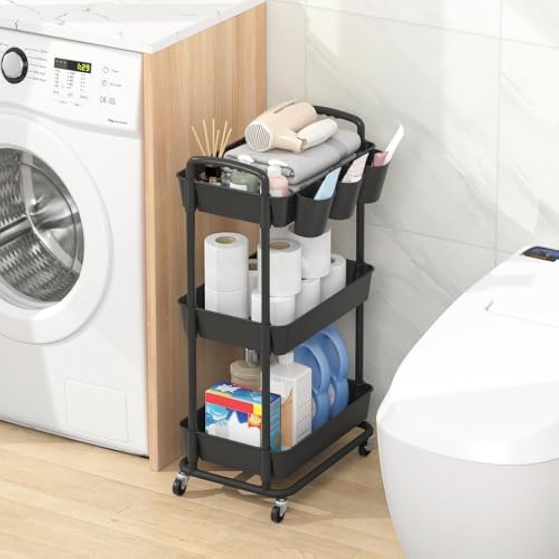 JIUYOTREE 3-Tier Rolling Utility Cart with Hanging Cups & Wheels - Black