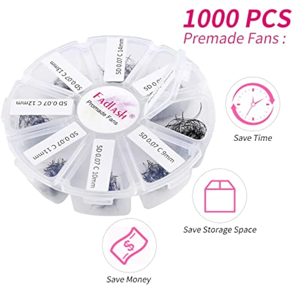 Fadlash 5D Premade Volume Eyelash Extensions | 1000 Loose Fans C Curl