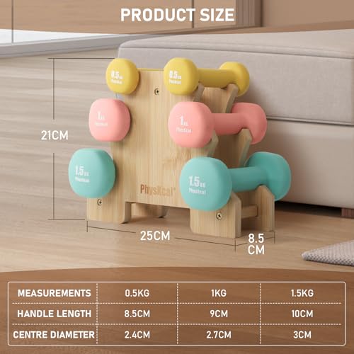PhysKcal Neoprene Dumbbell Set with Bamboo Stand - 6kg Hand Weights