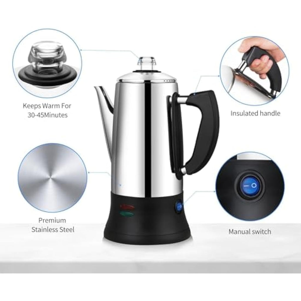 12-Cup Electric Coffee Percolator | Stainless Steel 1.2L