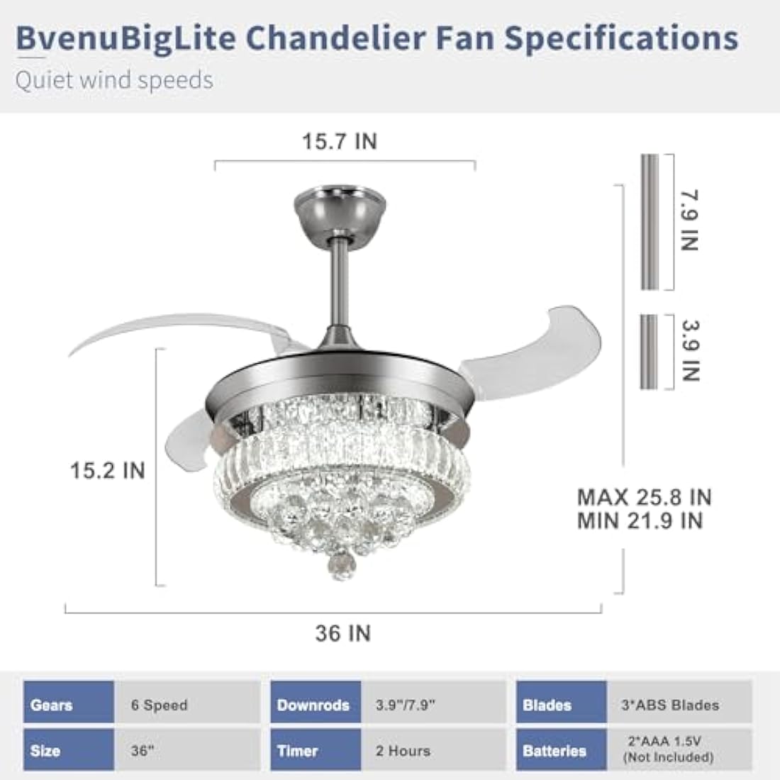 Depuley 36″ Crystal Retractable Ceiling Fan with App Control & Light