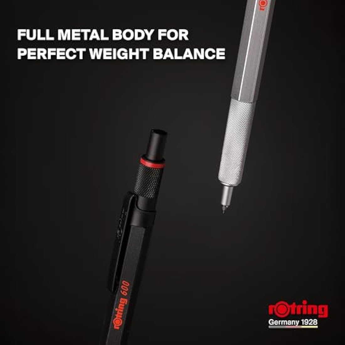 rOtring 600 Gel Pen | 0.5mm Black Ink | Silver Metal Hexagonal Body