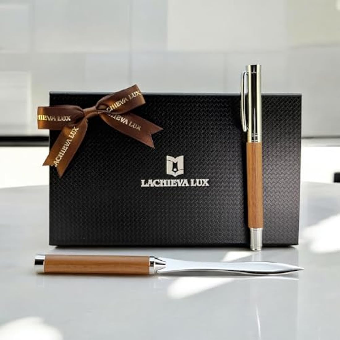LACHIEVA LUX Walnut Rollerball Pen and Letter Opener Gift Set | TimberDuo