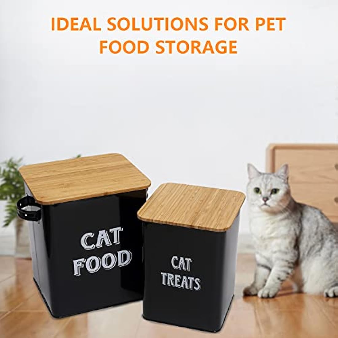 Cat Food and Treats Container Set – Beige Steel with Wood Lids