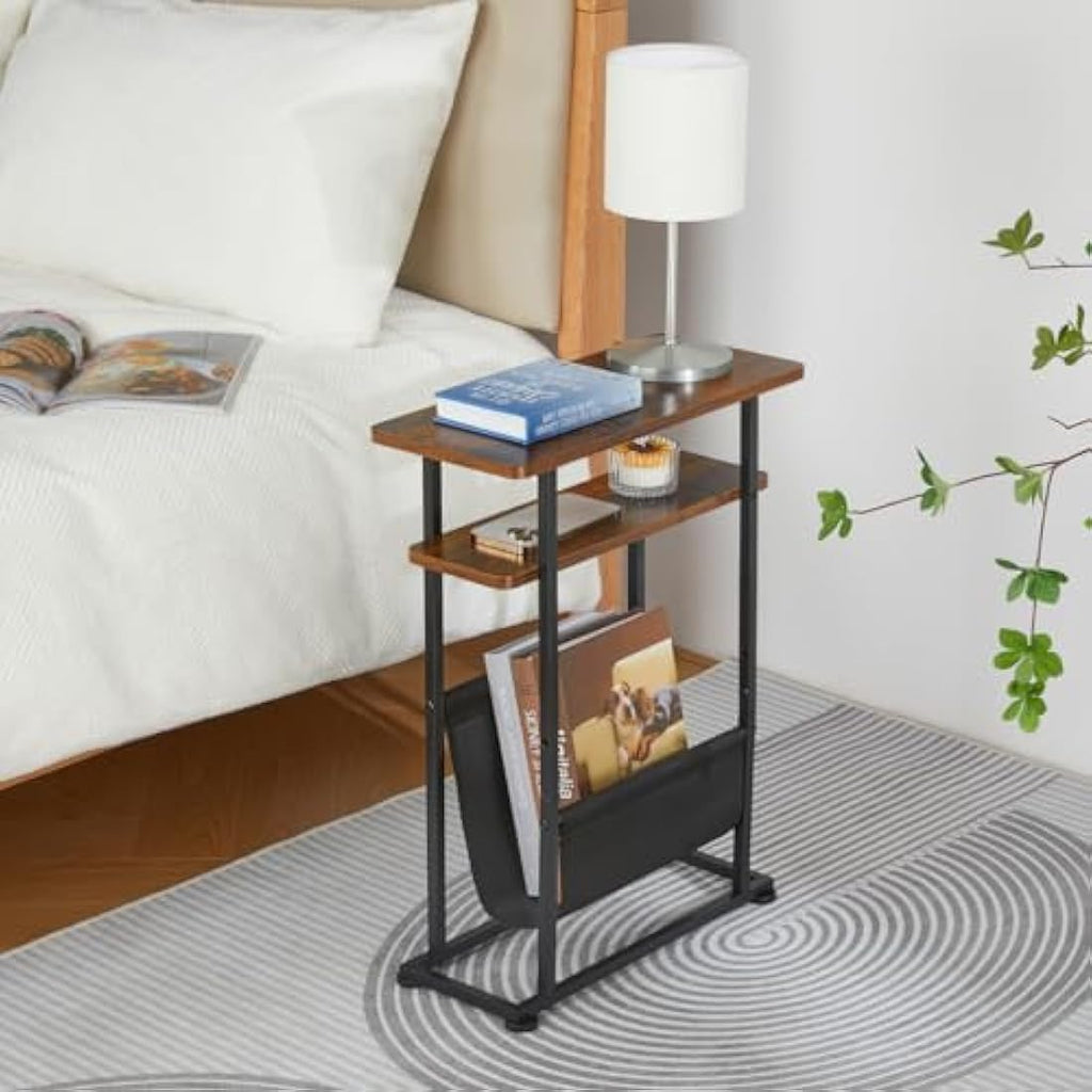 ZEXVIDA Slim Side Table with Magazine Holder – Narrow Industrial End Table