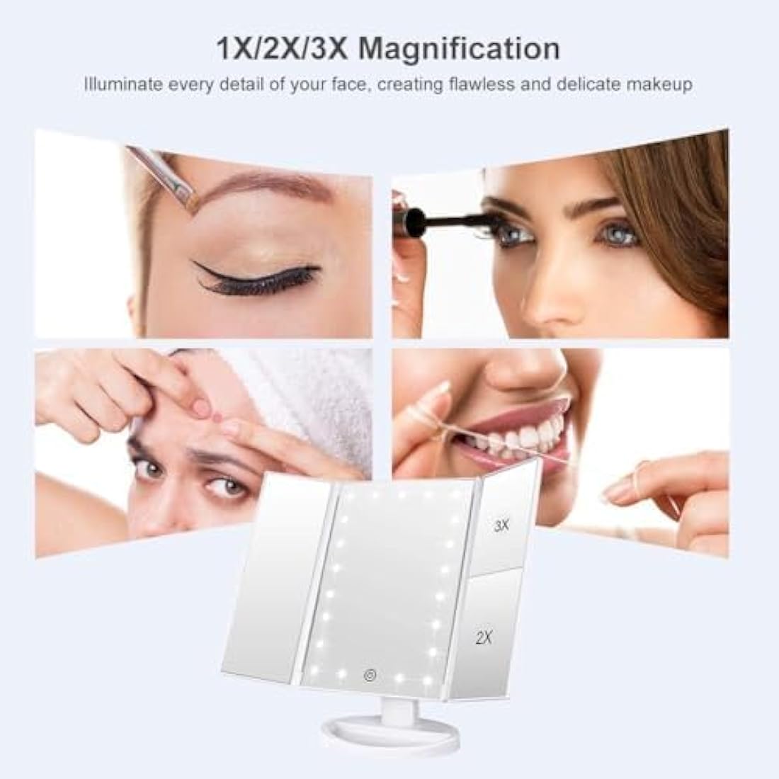 WEILY Tri-fold LED Makeup Mirror | 2X/3X Magnification Vanity Mirror - White