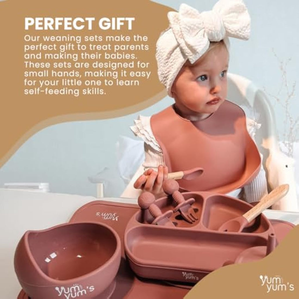 Yum Yum's Baby 10-Piece Silicone Weaning Set | Suction Plate & Bib - Pink