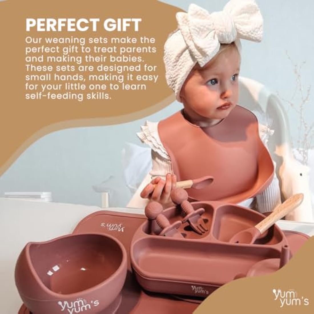 Yum Yum's Baby 10-Piece Silicone Weaning Set | Suction Plate & Bib - Pink