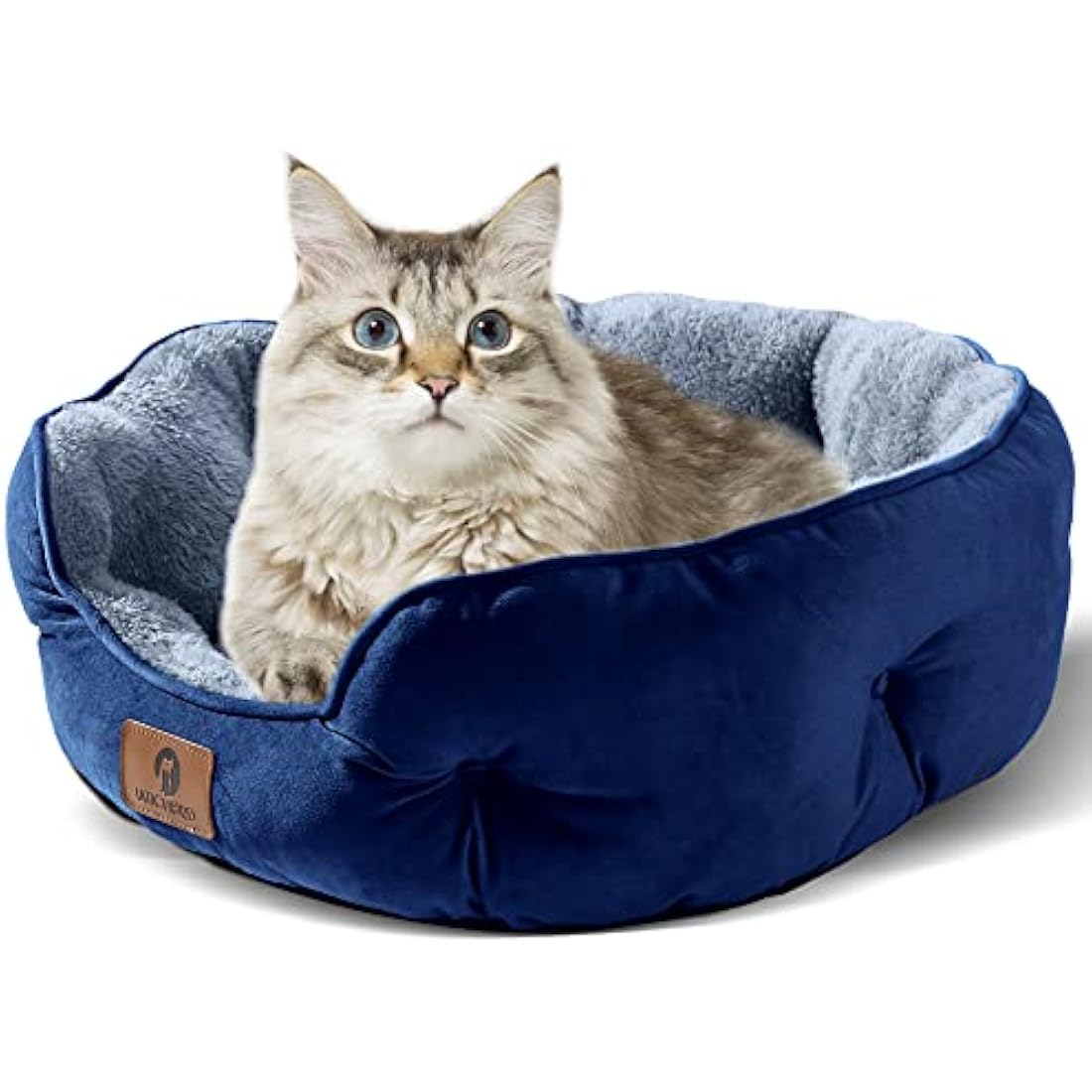 Calming Dog Bed – Round Sherpa Pet Bed, Washable, Blue, 25"