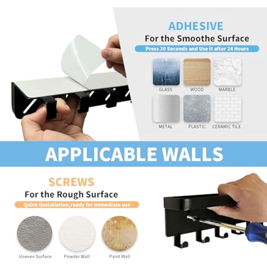Wall Key Holder with Mail Tray – 6 Hooks Metal Entryway Rack