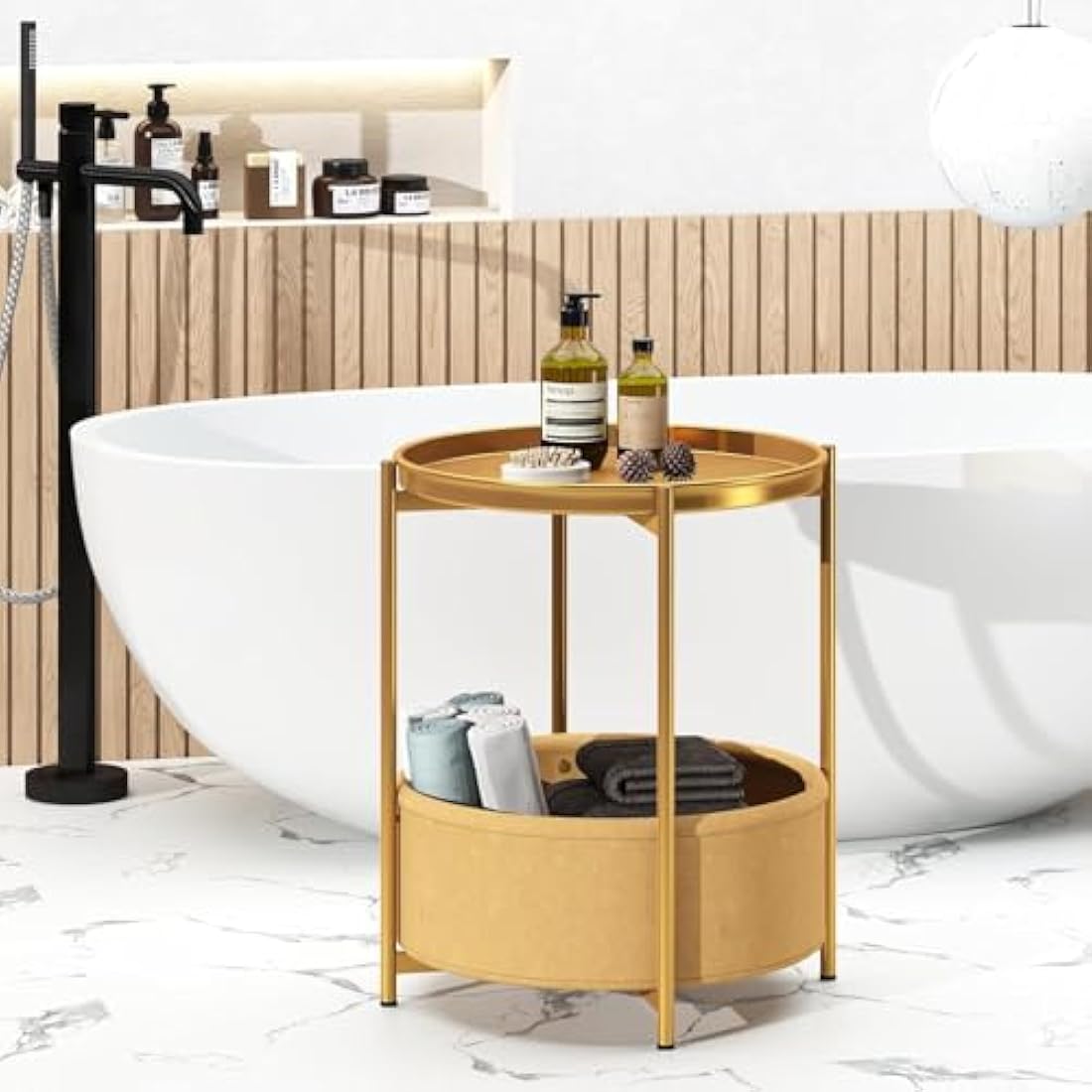 Huhote Round Side Table – Metal End Table with Storage Basket, Gold