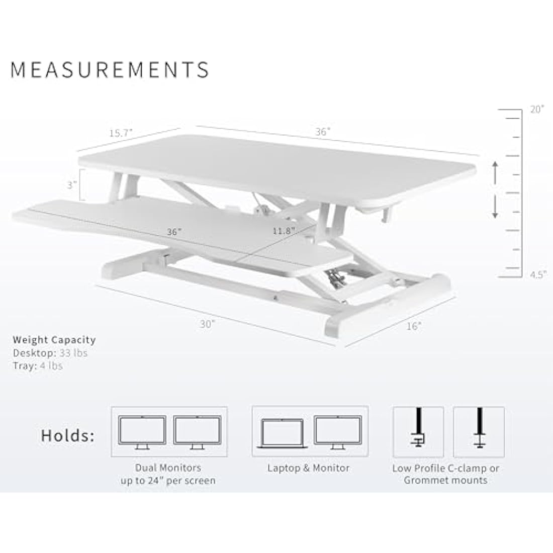 VIVO 91 cm Height Adjustable Standing Desk Converter - White | K Series