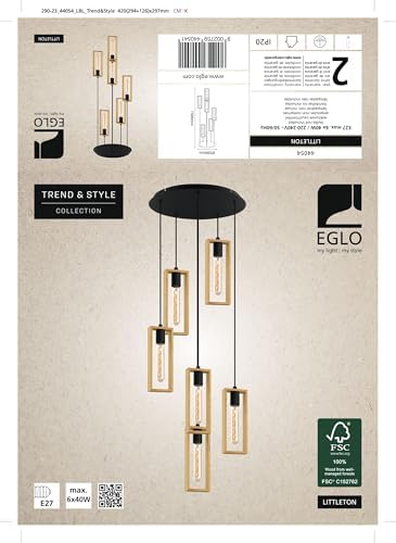 EGLO Littleton 6-Light Industrial Wood & Metal Cluster Pendant Lamp