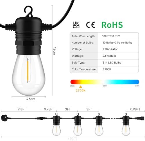 AVANLO 100FT LED Outdoor String Lights – Waterproof S14 Festoon Lights