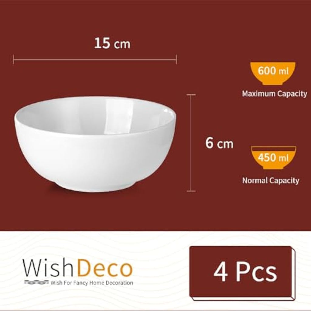 WishDeco White Ceramic Cereal Bowls – 600ml Soup & Salad Set of 4