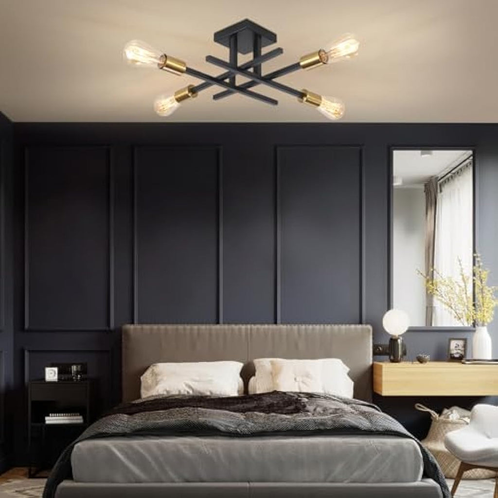 QAREHL 4-Light Modern Sputnik Chandelier – Black and Gold Metal Ceiling Light