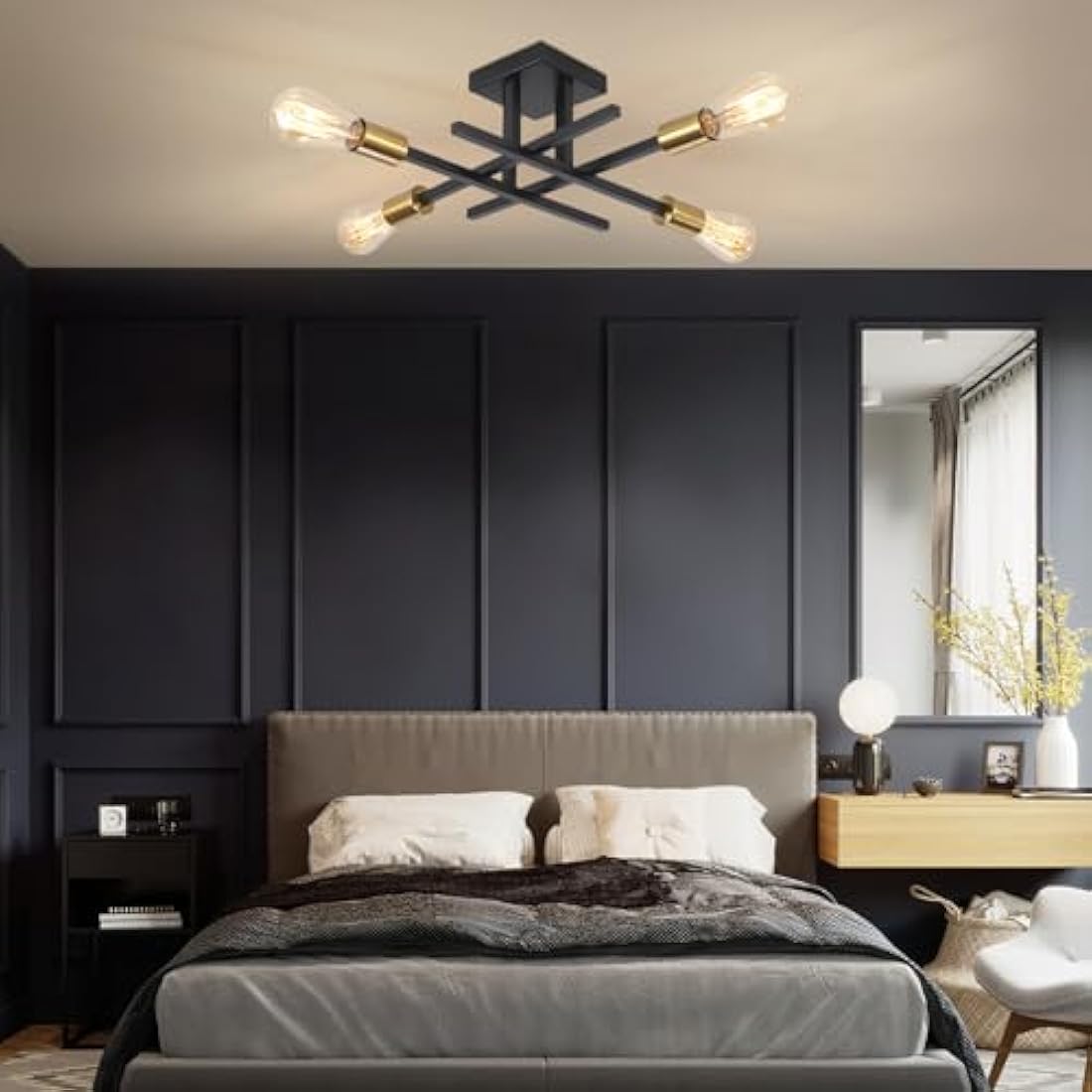 QAREHL 4-Light Modern Sputnik Chandelier – Black and Gold Metal Ceiling Light