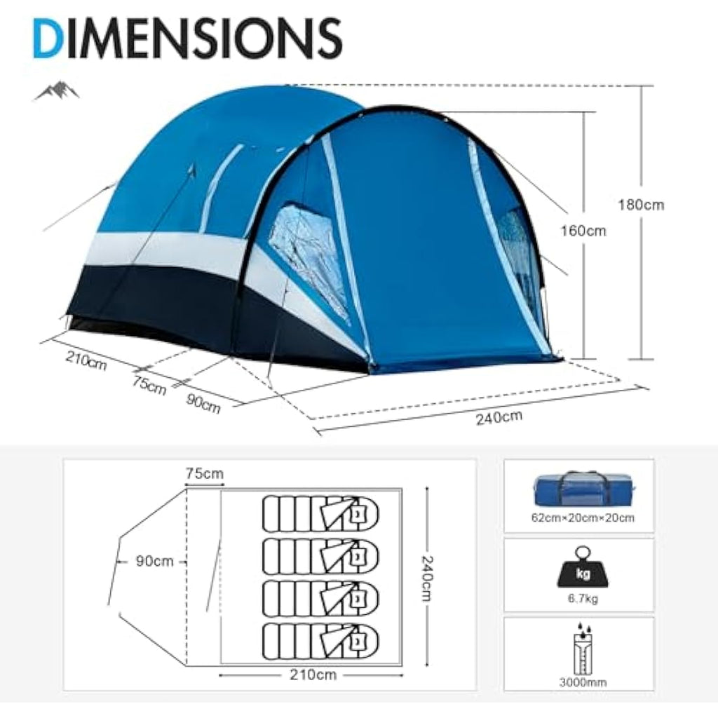 Portal 4-Person Family Camping Tent | 3000mm Waterproof with Porch