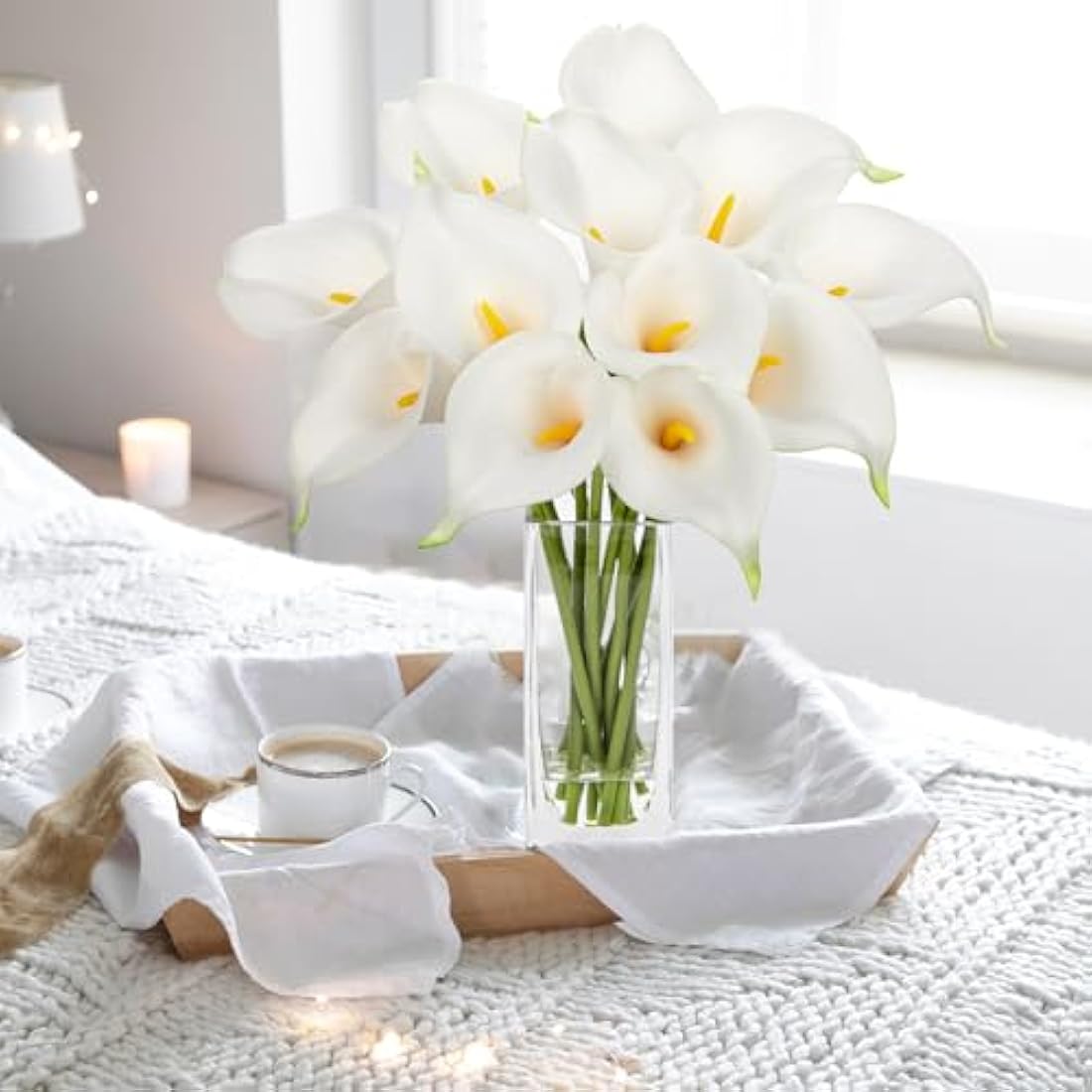 Real Touch White Artificial Calla Lilies with Glass Vase