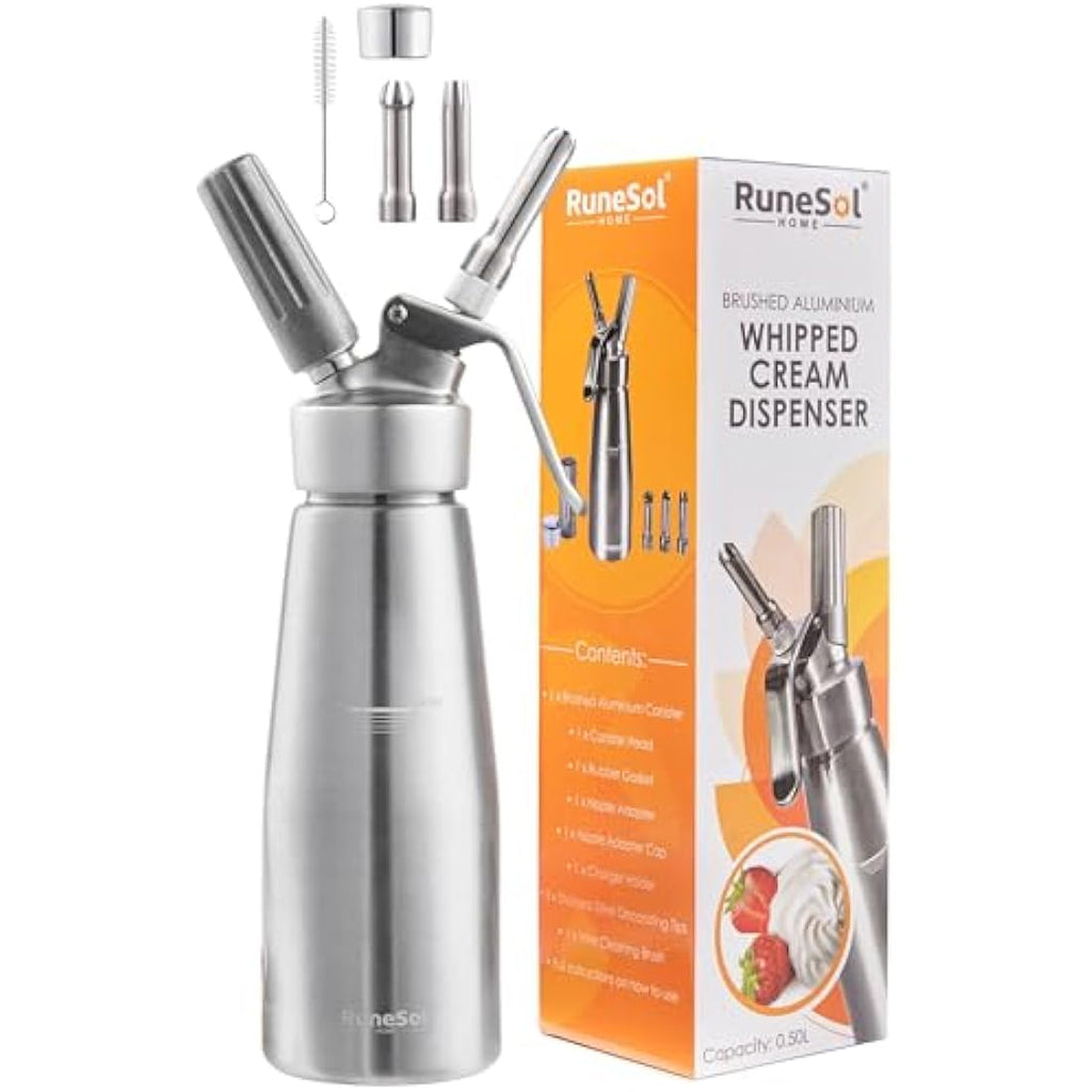 Runesol 500ml Aluminium Whipped Cream Dispenser with 3 Stainless Nozzles