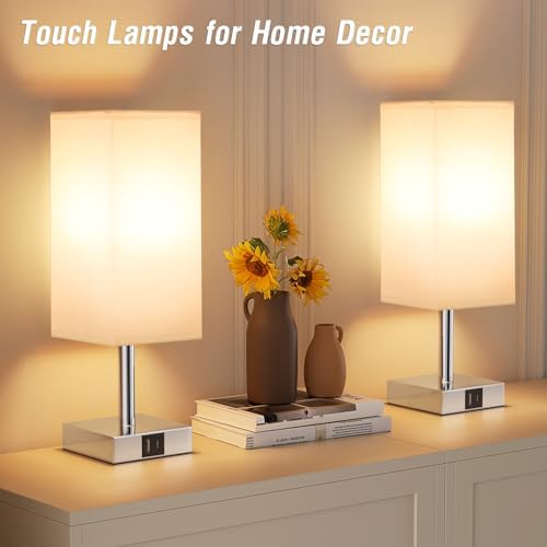 Aooshine Bedside Lamps Set of 2 | 3-Way Dimmable Touch Lamp with USB-C+A