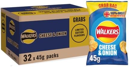 Walkers Cheese & Onion Potato Crisps – British Vegetarian Snacks 45g