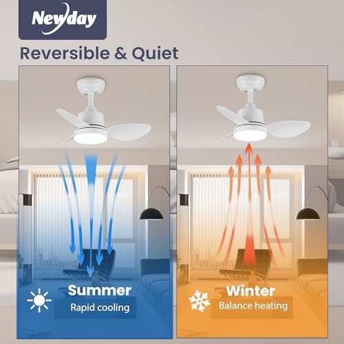 Newday 24" Small White Ceiling Fan with Dimmable LED Light and Remote
