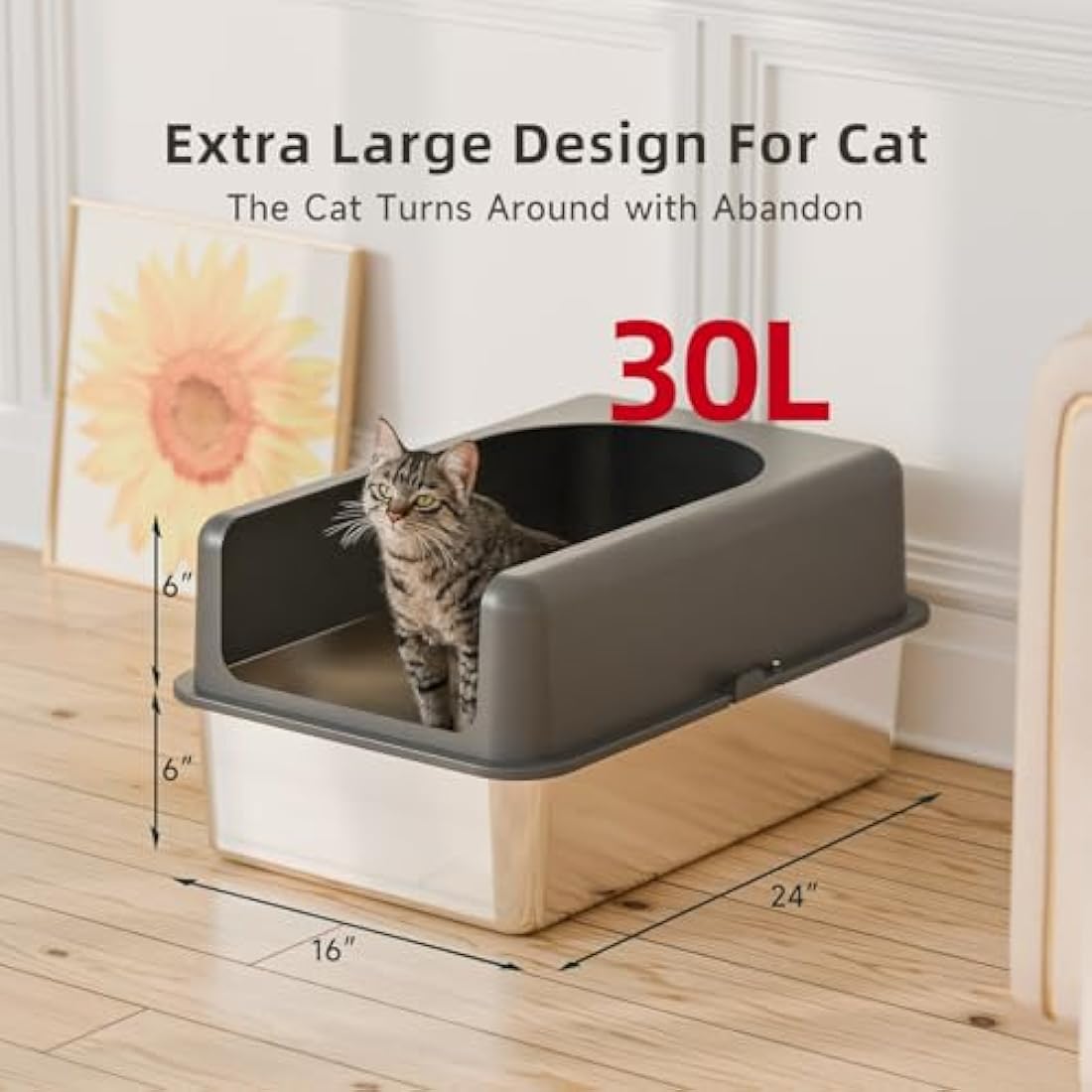 Stainless Steel Cat Litter Box – High-Sided Metal Pan with Lid