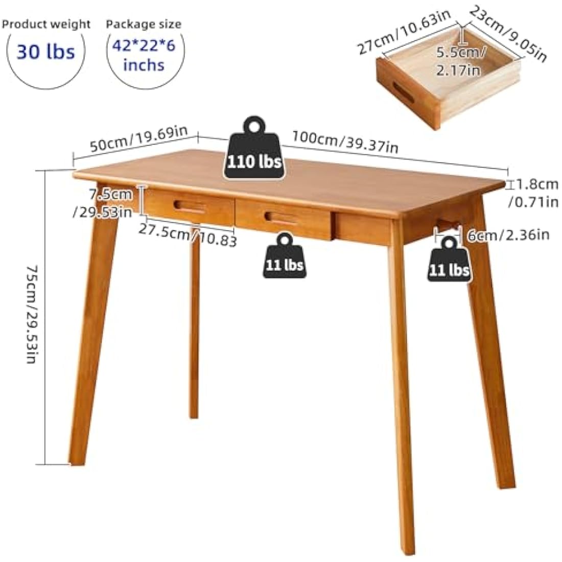 Aibiju Solid Wood Writing Desk with Drawers – Mid-Century Modern Study Table
