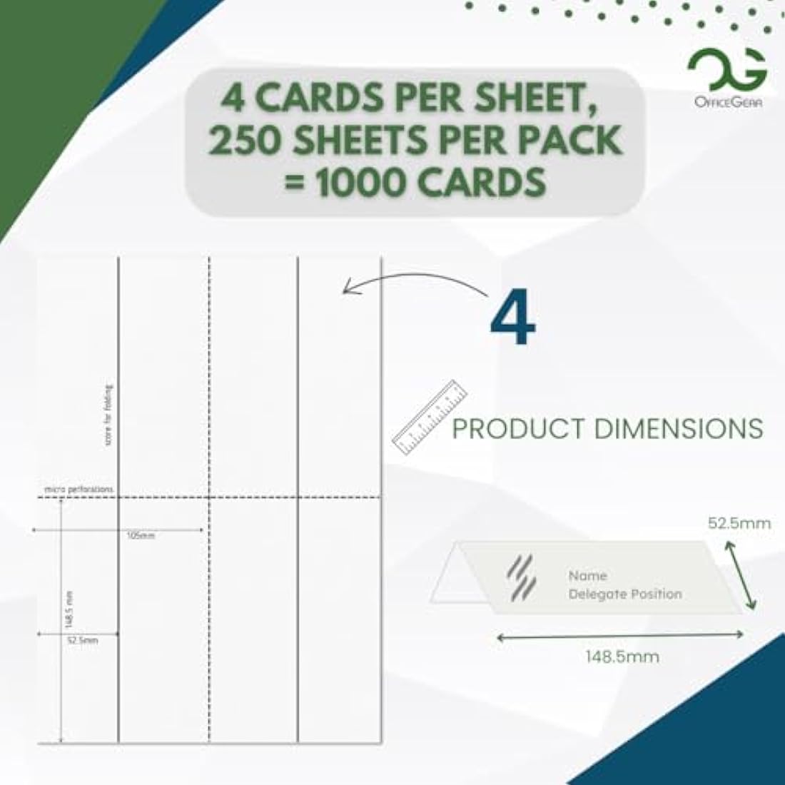 OfficeGear Printable Tent Cards - 1000 White Name Place Cards 170gsm