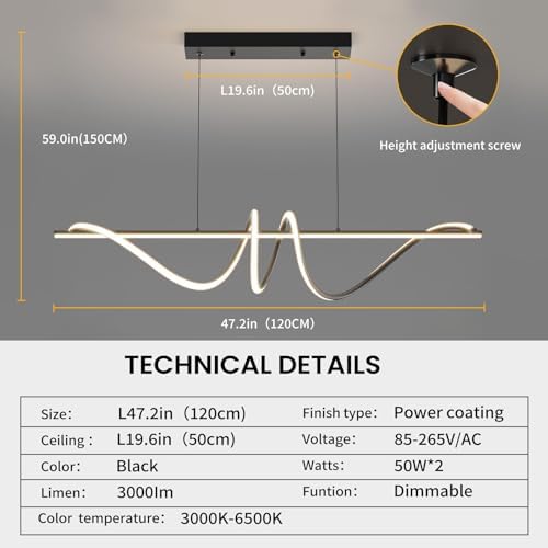 Mikeru 120cm Modern LED Pendant Light | Dimmable Black Spiral Chandelier