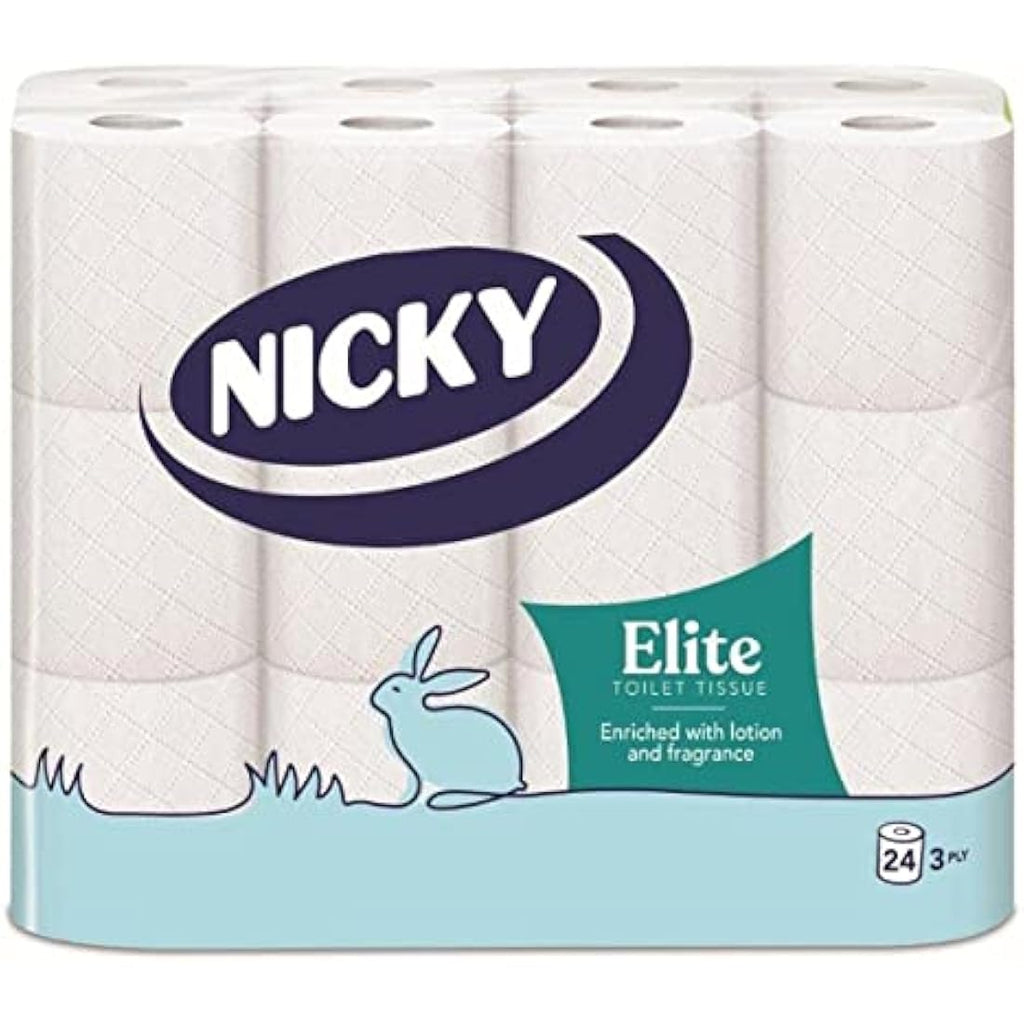 Nicky Elite 3-Ply Scented Toilet Tissue – 24 Rolls of Soft White Paper