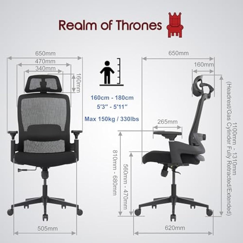 Realm of Thrones VALOUR Ergonomic Mesh Office Chair with 3D Lumbar Support