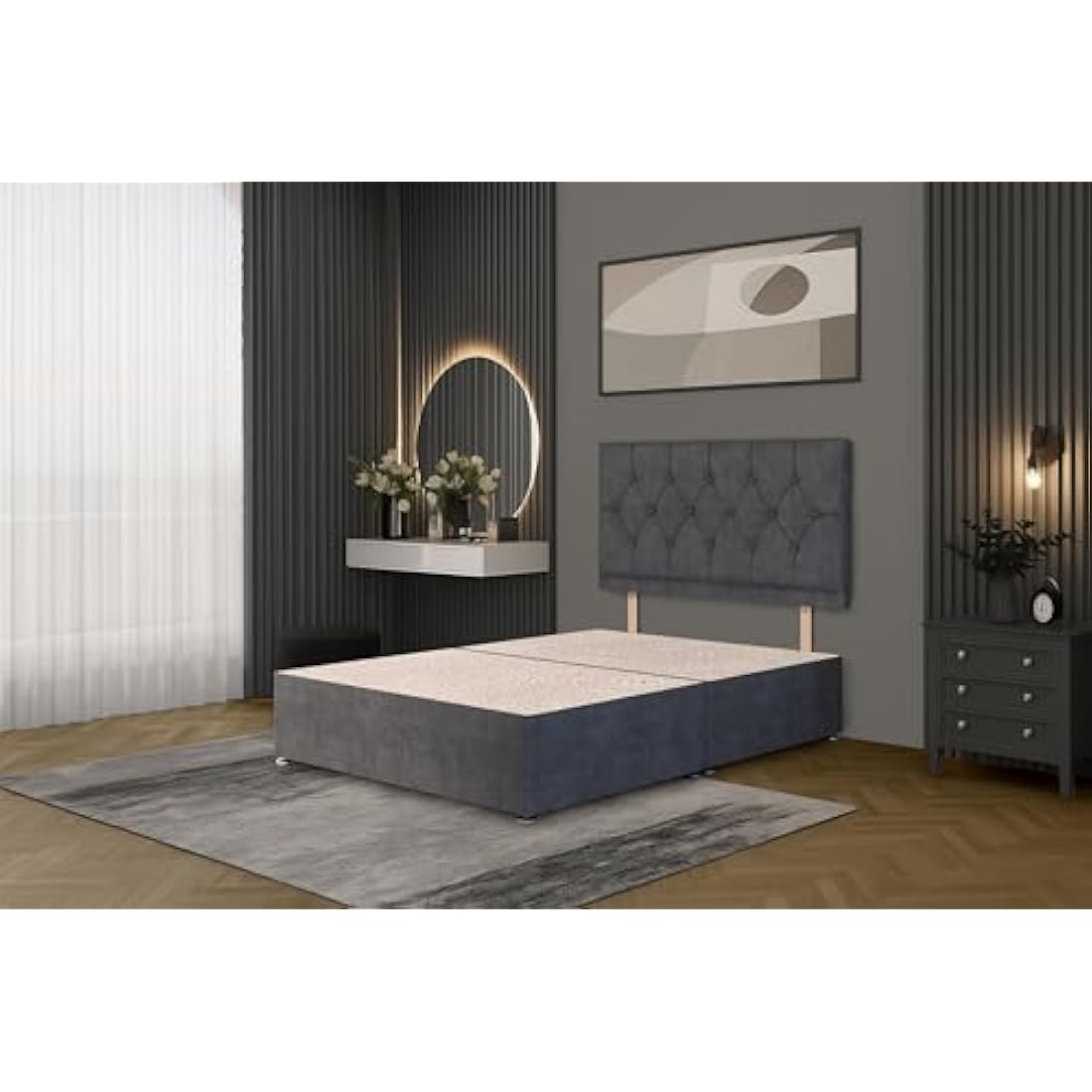 Bed Centre Charcoal Plush Fabric Divan Base & Headboard - Small Double 4ft