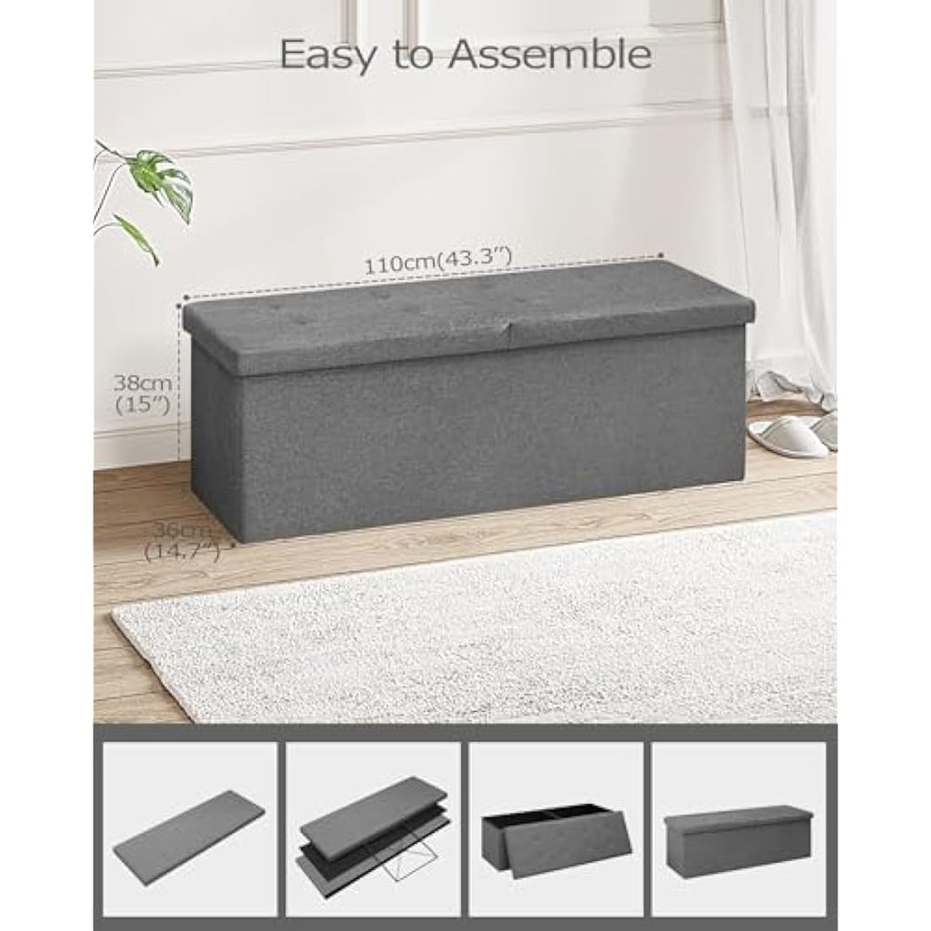 Bonlife Extra Large Folding Storage Ottoman | Grey Linen Bench Trunk