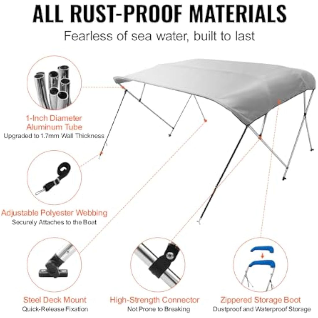 VEVOR 4 Bow Bimini Top Boat Cover | 900D Polyester Canopy | 91"-96"W Light Grey