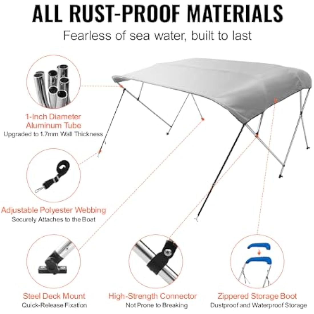 VEVOR 4 Bow Bimini Top Boat Cover | 900D Polyester Canopy | 91"-96"W Light Grey