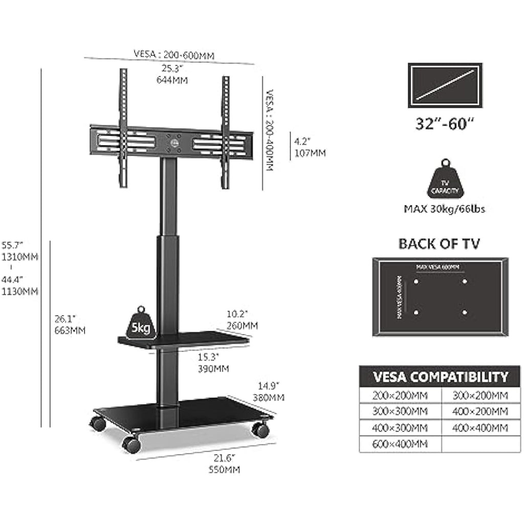 FITUEYES Mobile TV Stand with Wheels | Swivel & Height Adjustable (32-60")