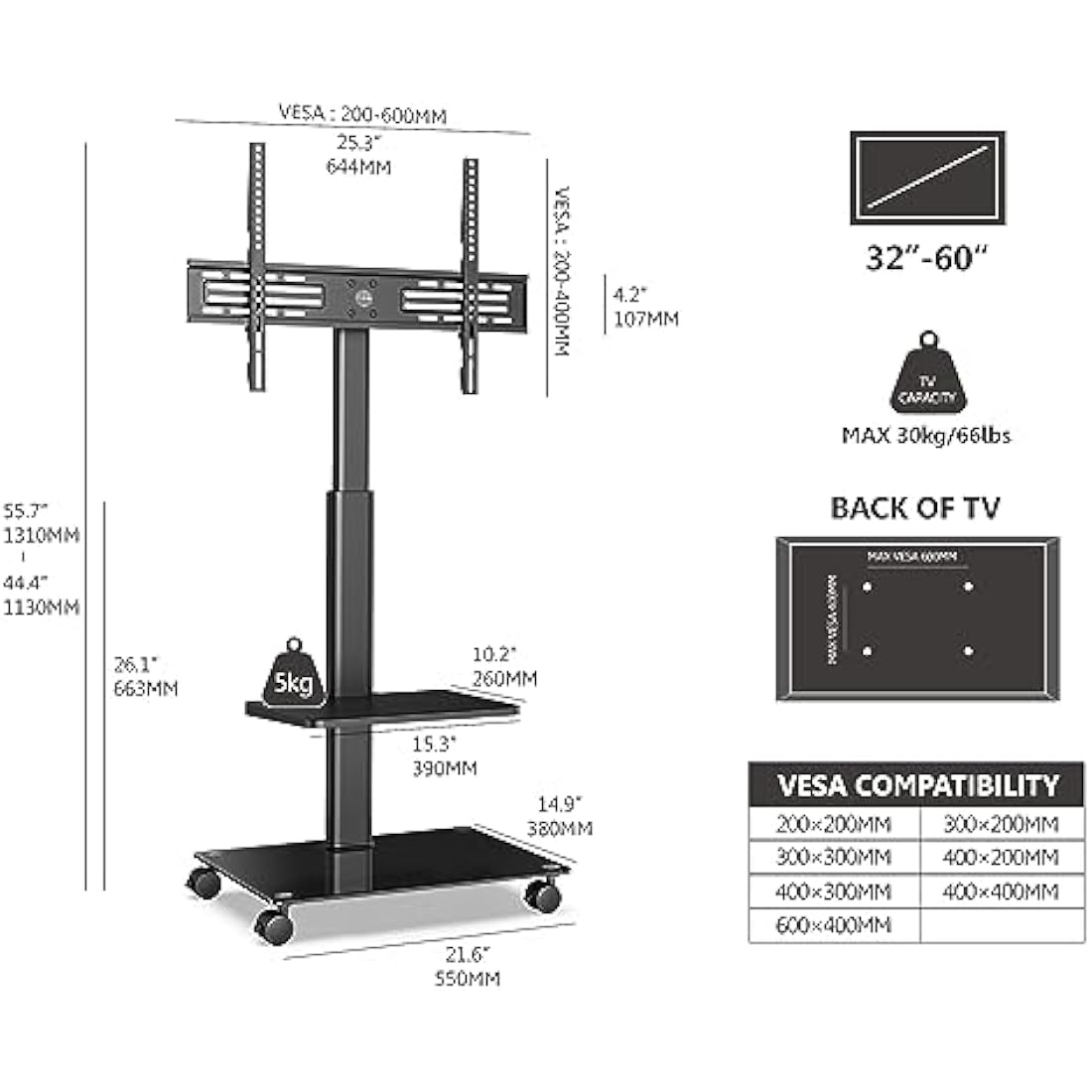 FITUEYES Mobile TV Stand with Wheels | Swivel & Height Adjustable (32-60")