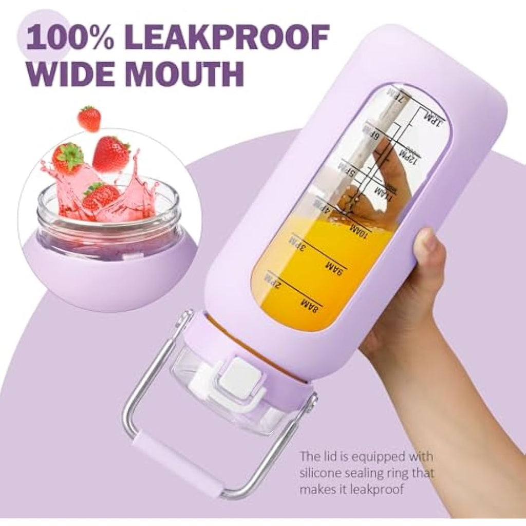 BLUEGO 2L Borosilicate Glass Water Bottle with Time Marker & Straw – Purple