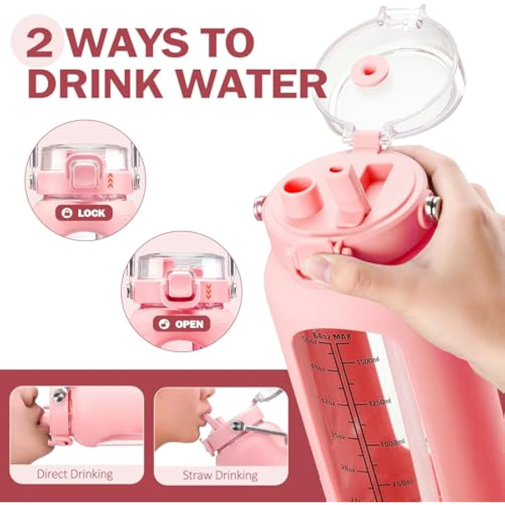 BLUEGO 2L Glass Water Bottle with Time Marker and Straw – Pink