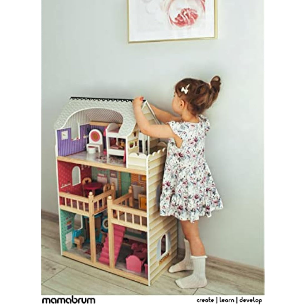 Mamabrum 3-Story Wooden Dollhouse with LED Lights & Furniture