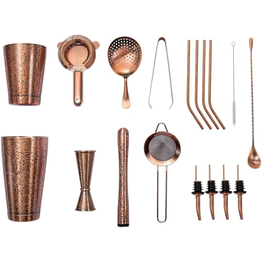 SKY FISH 18-Piece Boston Cocktail Shaker Set | 3D Embossed Antique Copper