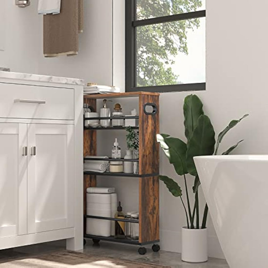 HOOBRO 4-Tier Slim Storage Trolley – Narrow Rolling Utility Cart, Rustic Brown