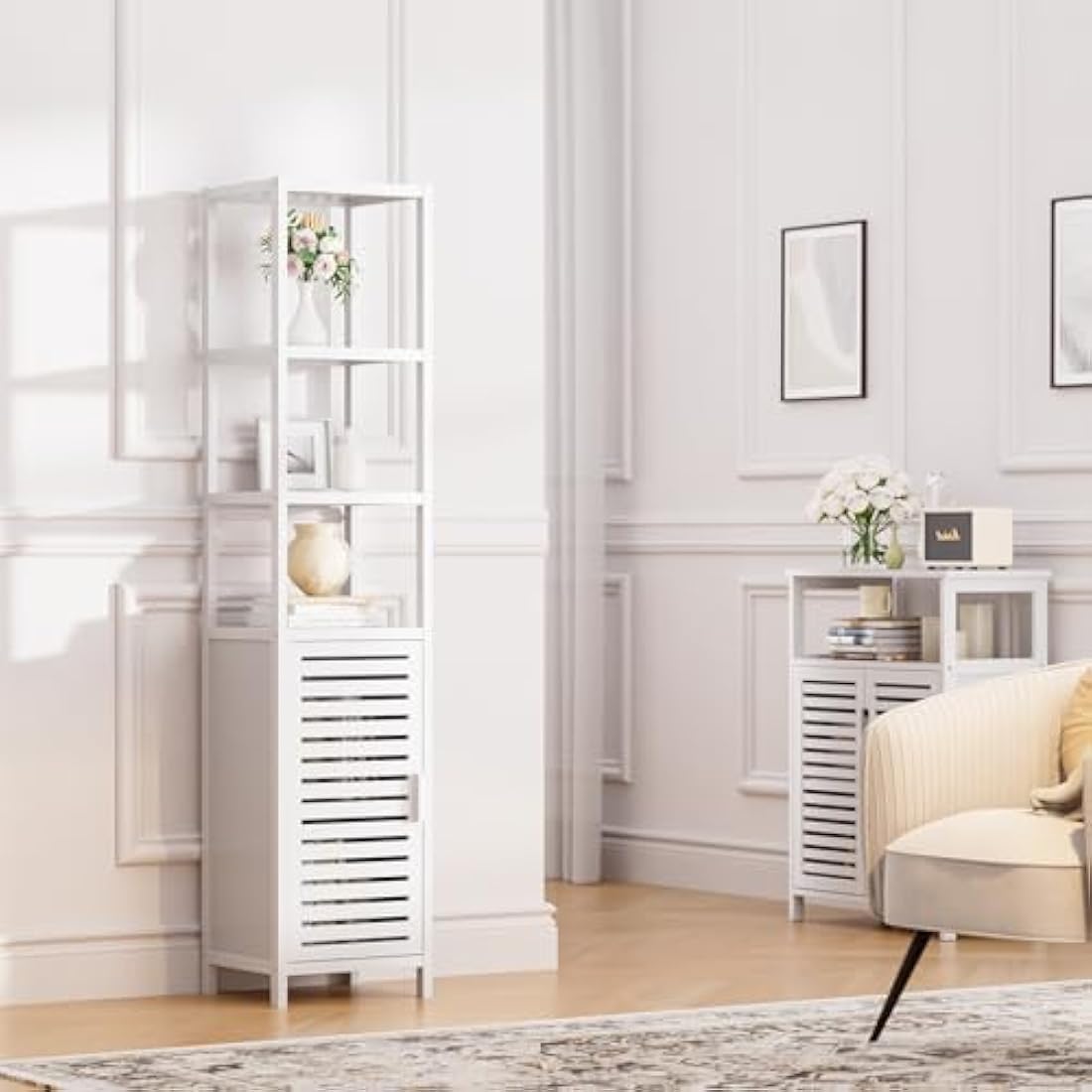 HITNET Bamboo Tall Bathroom Storage Cabinet | 6-Tier Linen Tower, White