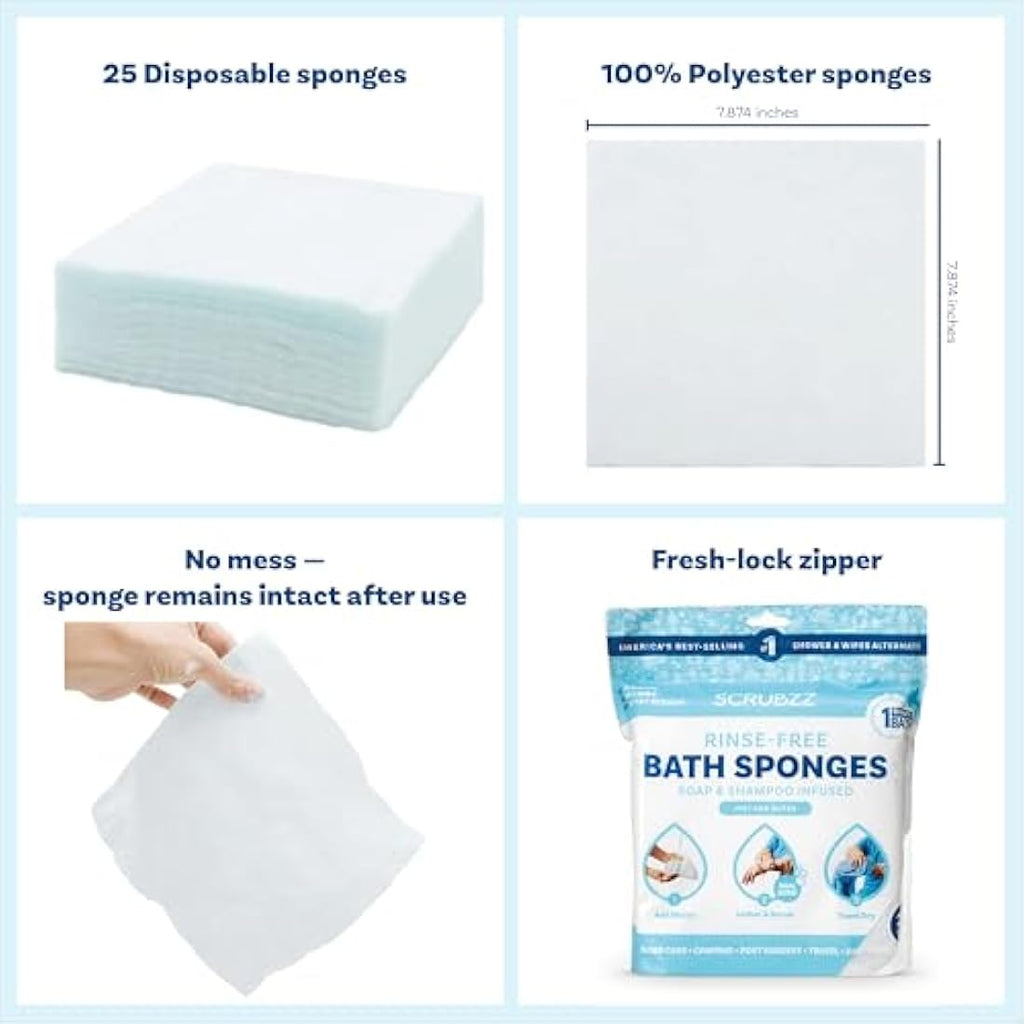 Scrubzz No-Rinse Disposable Bed Bath Wipes | Hypoallergenic 25 Pack