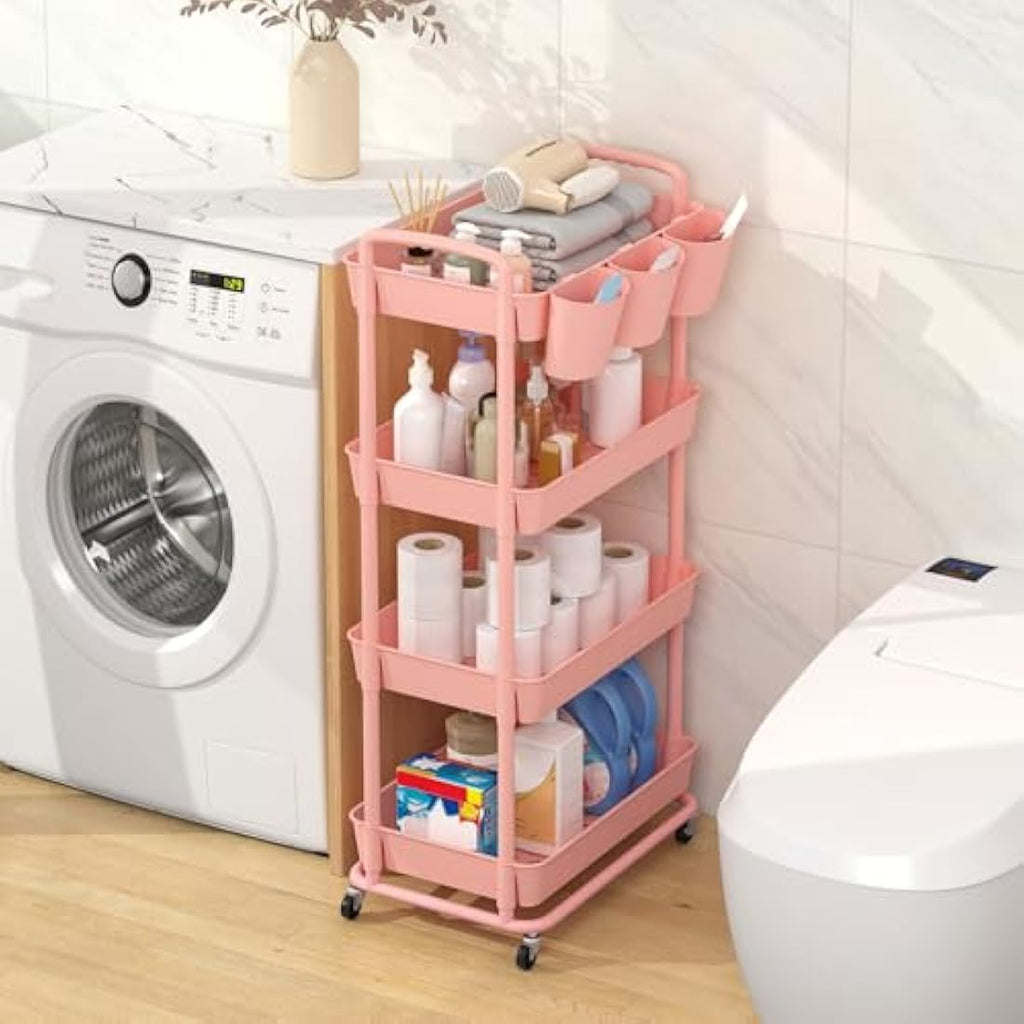 JIUYOTREE 4-Tier Plastic Rolling Utility Cart with Handles - Pink