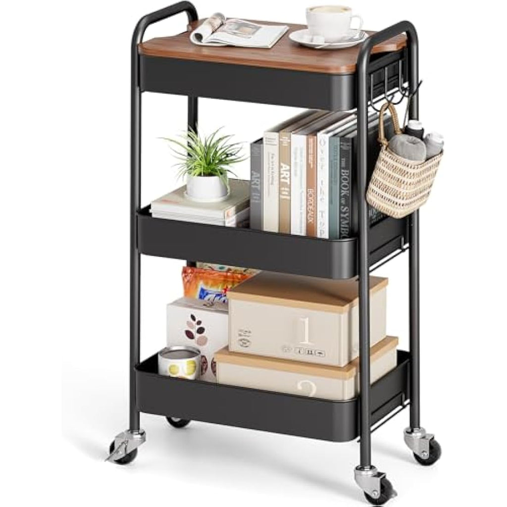 KINGRACK 3-Tier Metal Rolling Storage Trolley with Wooden Worktop
