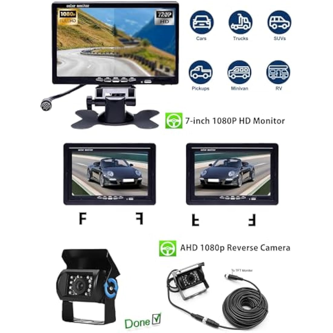 BEYI 1080P Reversing Camera Kit | 7" HD Monitor IP68 Waterproof for Trucks